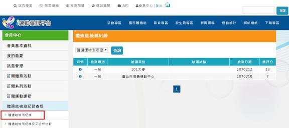 體適能檢測紀錄查詢畫面